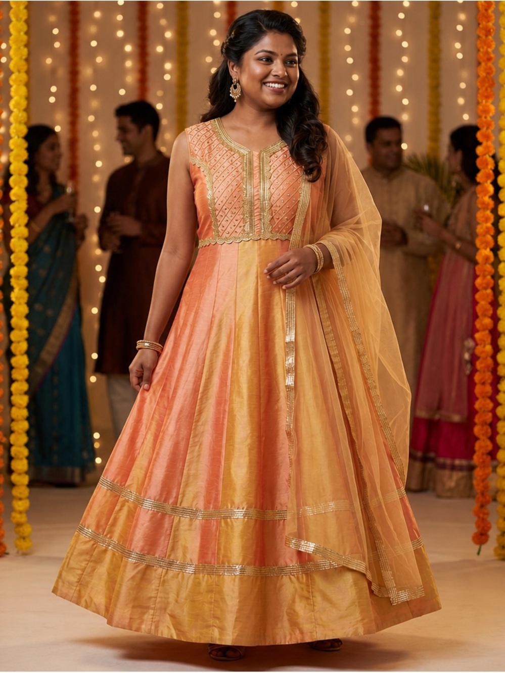 Indian Anarkali Gown Set |Two tone Peach and Gold Shot Silk |Dupatta Sz 50
